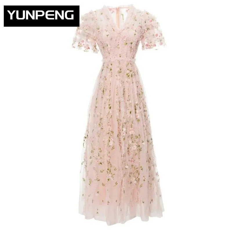 Dresses For Women 2023 Runway Luxury Brand Elegant Summer Pink Mesh Short Sleeve Flowers Embroidery Holiday Party Long Dress