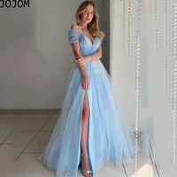 dress 2022 women sky blue puff tulle evening dresses a line appliques lace prom dresses with pockets side splitt party gowns