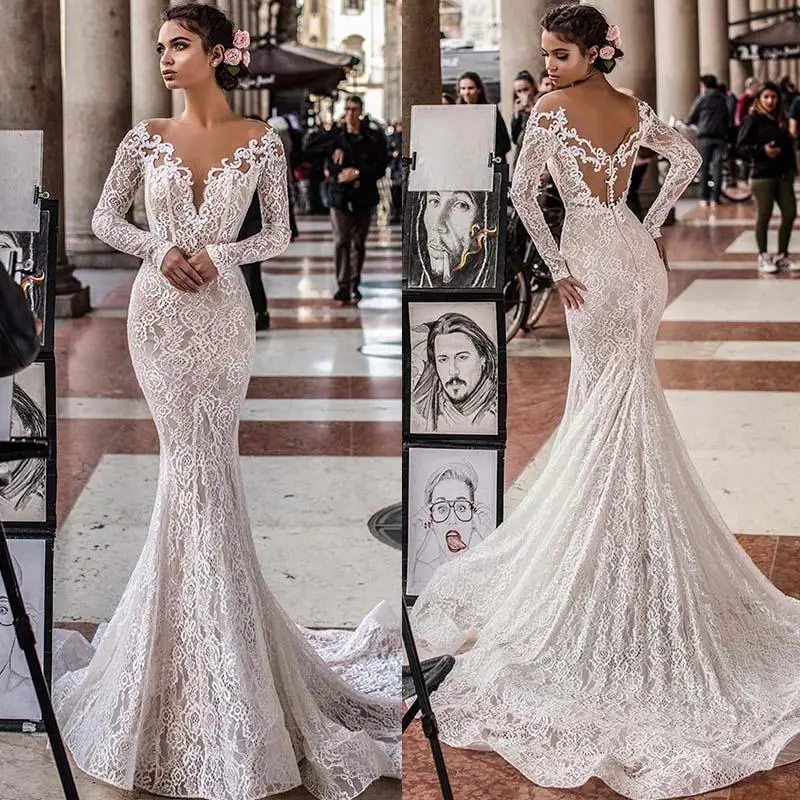 

Robe De Mariee Full Lace Beach Mermaid Wedding Dresses 2022 Illusion Long Sleeves Open Back Court Train Bridal Wedding Gown