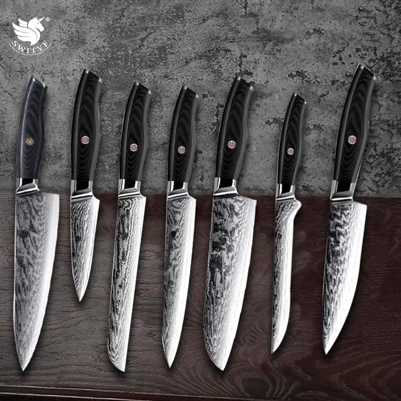 

SWITYF 1Pc to 7Pcs Damascus Steel Knives Set AUS10 Chef Utility Santoku Paring Bread Boning Cleaver Knives Kitchen Cooking Tools