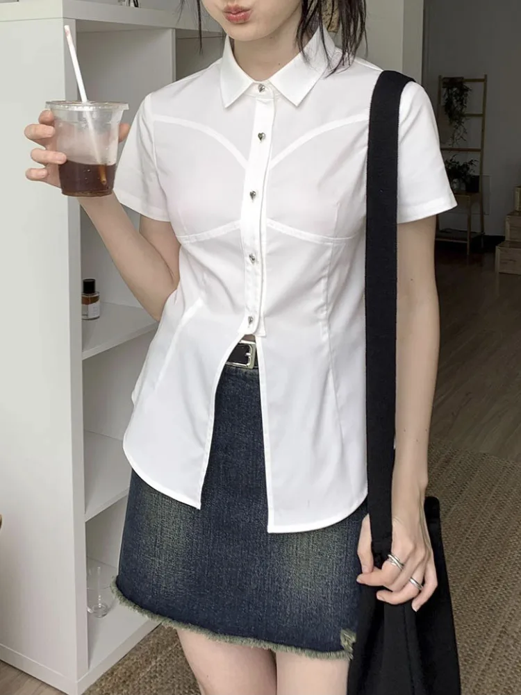 

Shirts Women Solid Simple Slim Summer Short Sleeve Chic Folds Leisure Female Korean Style All-match New Design Clothing