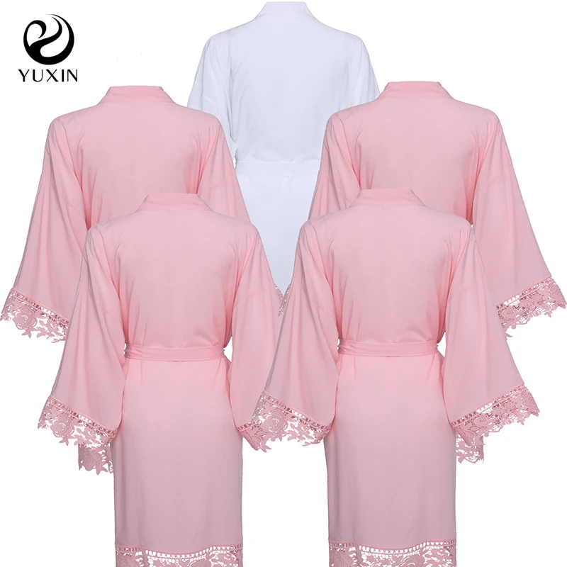 YUXINBRIDAL Blush Rayon New Solid Cotton Kimono Robes With Lace Trim Women Wedding Bridal Robe Short Belt Bathrobe