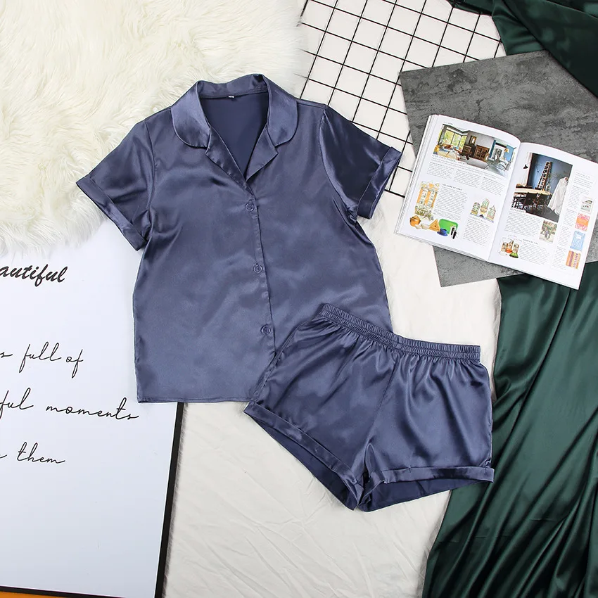 2pcs/Set Women Stain Pajamas Silk-like Glossy Sleepwear Short Sleeve & Shorts Multiple Color Options Nightwear Female Loungewear