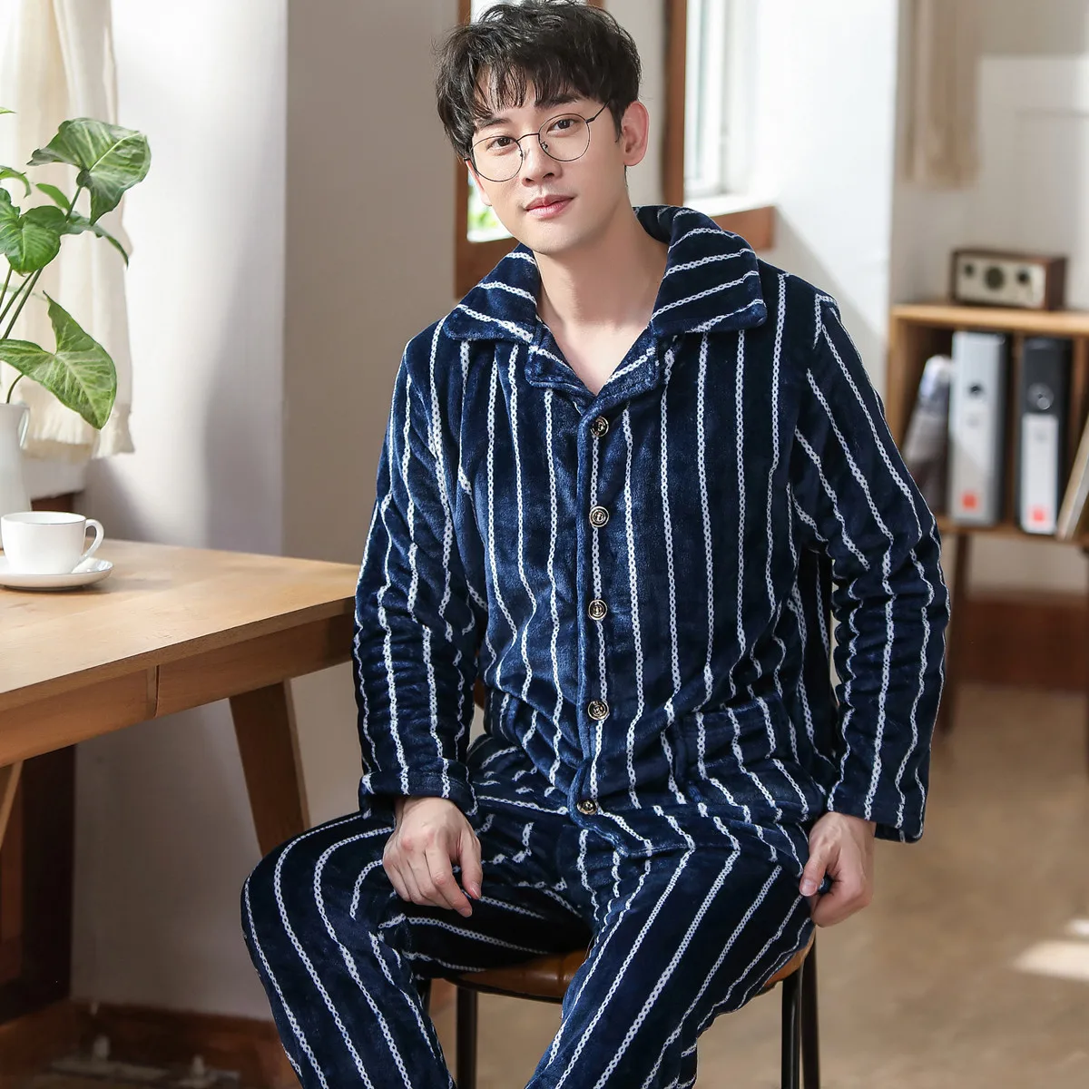Plus Size 3XL White Nightwear Long Sleeve Winter Thicken Warm Flannel Pajamas Sets Soft Sleepwear Long Pant Male Men Pajamas Set