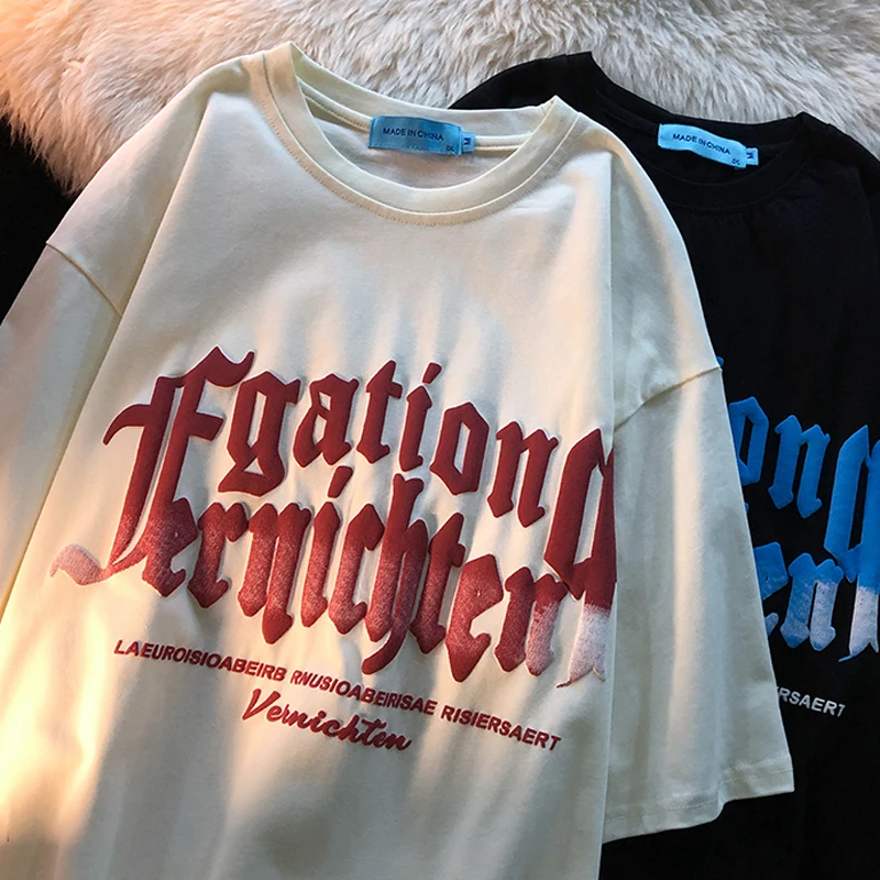 

Women 2022 Summer New Harajuku Cotton Letter Foam Printed TShirt Oversized Casual Tee Female Loose Short Sleeve O-neck Tops Goth