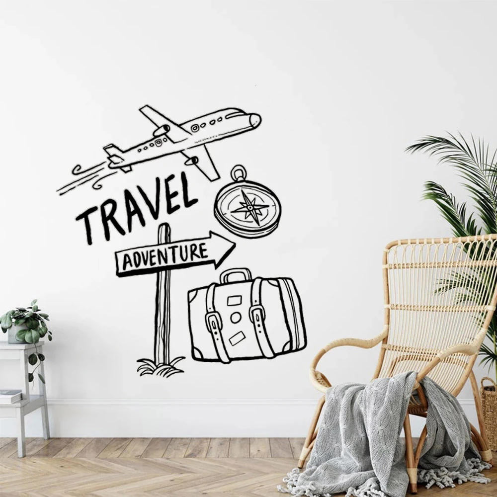 

Travel Adventure Quotes Wall Decals Airplane Compass Travel Bag Stickers Vinyl Murals For Kids Boys Bedroom Decor Poster HJ1250