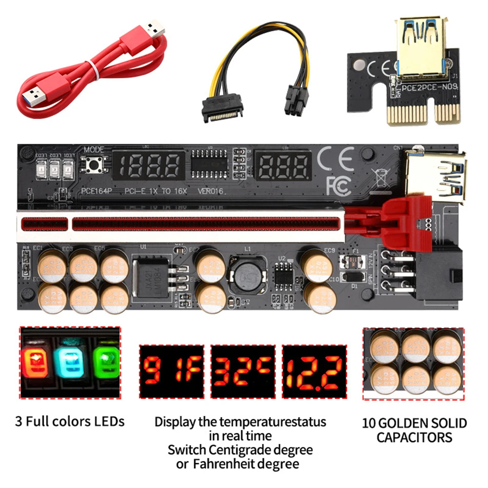 

USB 3,0 высокоскоростной PCI Express PCI-E 16X Райзер-адаптер со светодиодным SATA кабелем питания 6P, Температурное напряжение