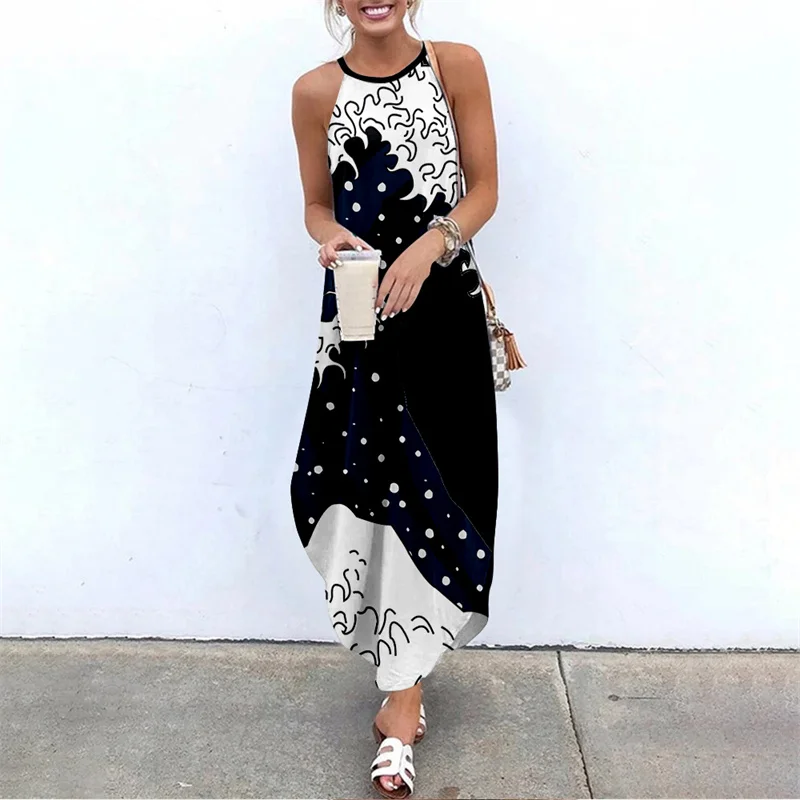 

Spring Summer Women Strap Printed Sexy Beach Long Maxi Dress Sleeveless Vintage Clothing Holiday