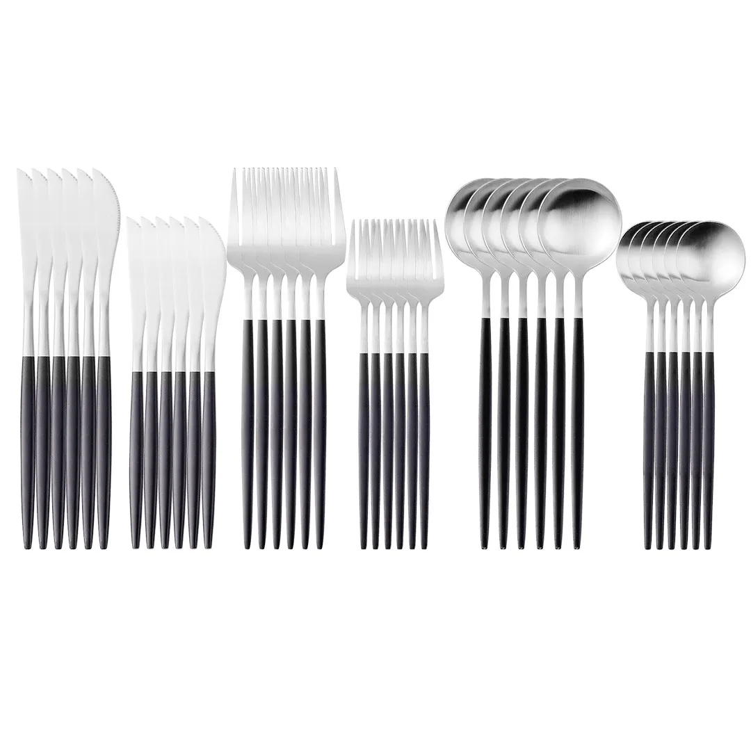 36Pcs Black Silver Dinnerware Set 18/10 Stainless Steel Knife Fork Spoon Cutlery Set Kitchen Tableware Set Flatware Hot Sale