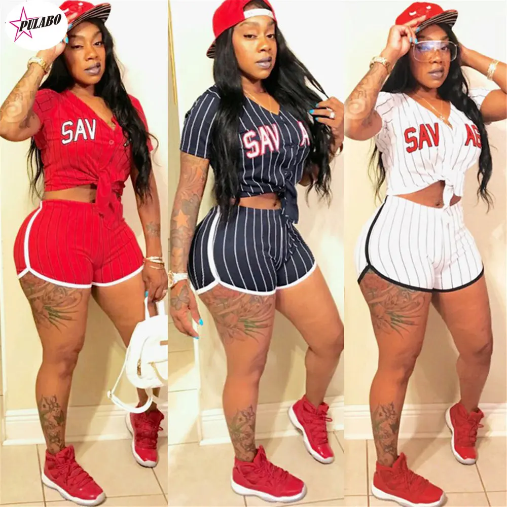 

2022 New Women Baseball Jerseys Short Sleeve Baseball Shirts Striped Letter Print V-neck Top Sexy Shorts Baseball Costume Set