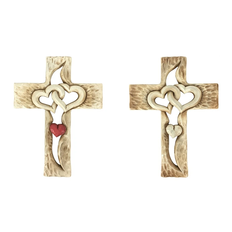 

Jesus Religious Orthodox Prayer Carved Wooden Cross with Hollow Intertwined Heart Love Couple Family Wall Decor