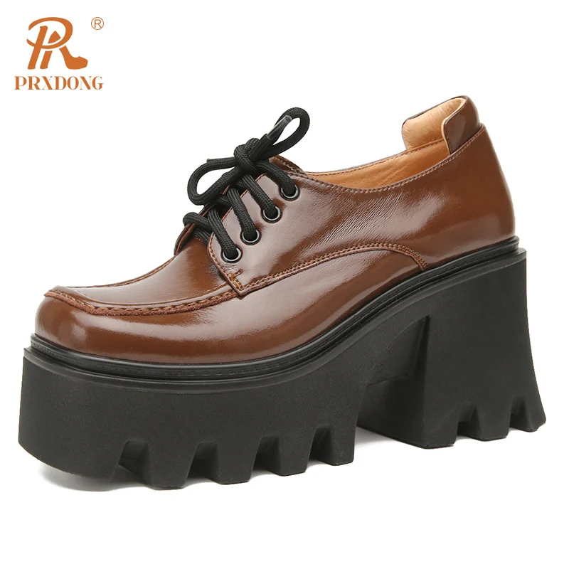 

Женские туфли из натуральной кожи PRXDONG, зеленые или коричневые вечерние туфли-лодочки из натуральной кожи на платформе и высоком массивном каблуке, на шнуровке, весна-осень
