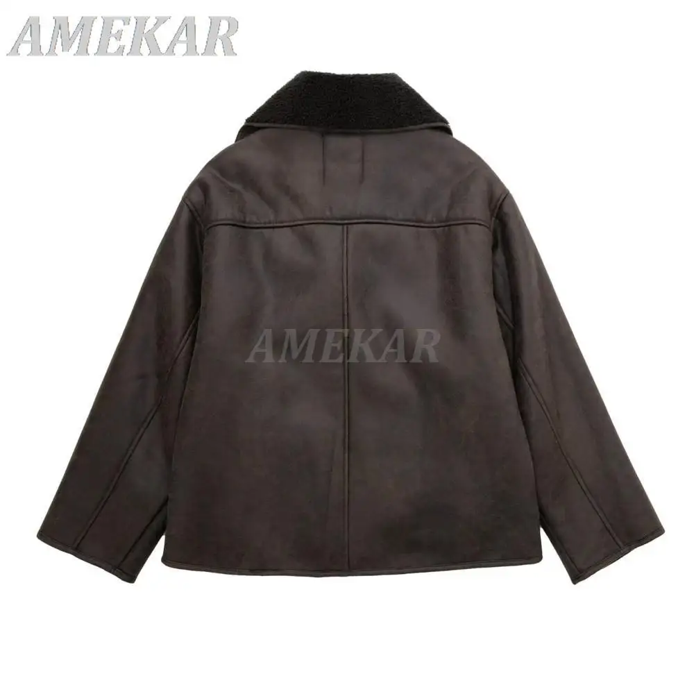 2023 Women's Winter Vintage Lambswool Lapel Jacket Faux Leather Thick Warm Asymmetry Coats Ladies Biker Outwear Casual Top Mujer