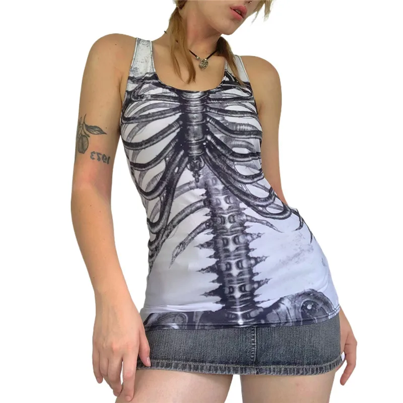 

Женский короткий топ без рукавов, готический пуловер с принтом скелета и U-образным вырезом, повседневная Винтажная футболка с графическим ...
