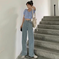 2021 vintage woman jeans skinny buttons jeans women oversized thin casual denim pants wide leg full length all match trousers