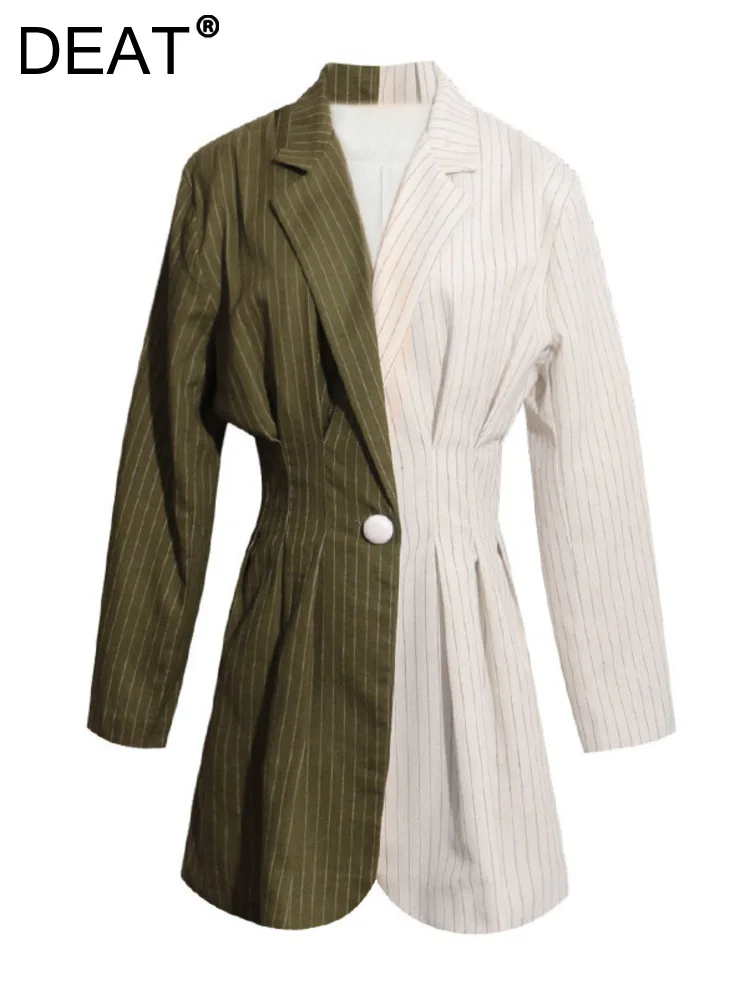

DEAT Fashion Women's Blazer Notched Collar Single Button Waist Stripe Contrast Color Stripe Suit Jackets Spring 2023 New 17A1134