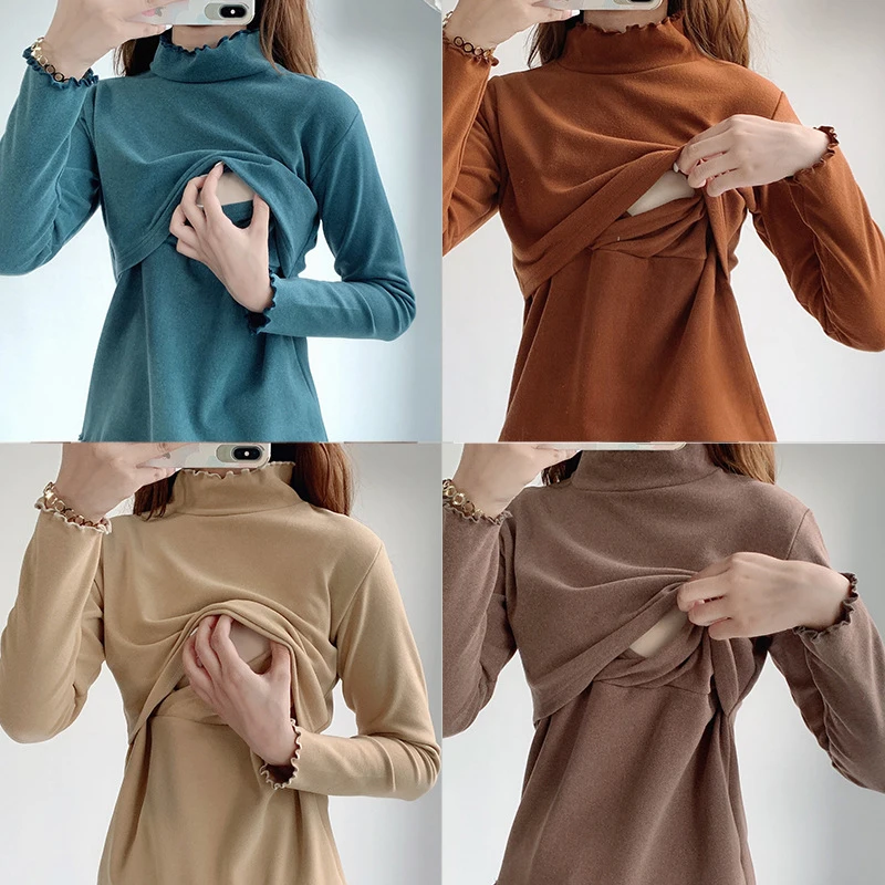 All-match High-neck Breastfeeding Maternity Tops Home Clothes For Women Solid Color Long Sleeve Pregnancy Wear Nursing Tops