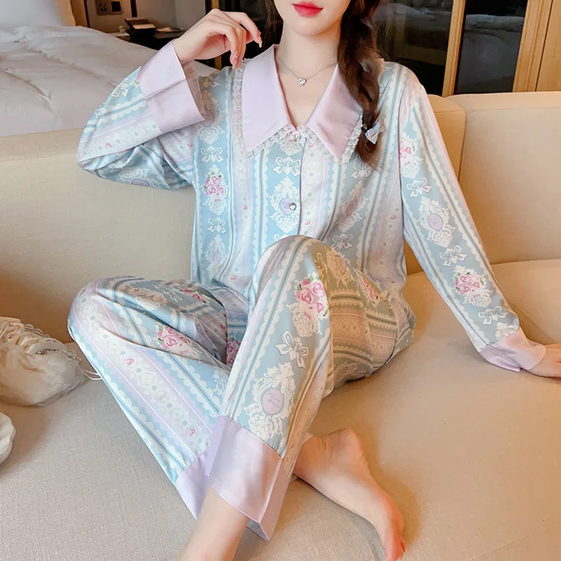 New Pajamas Women's Spring Thin Cardigan Set Ice and Snow Silk Vertical Stripe Printed Home Furnishing
