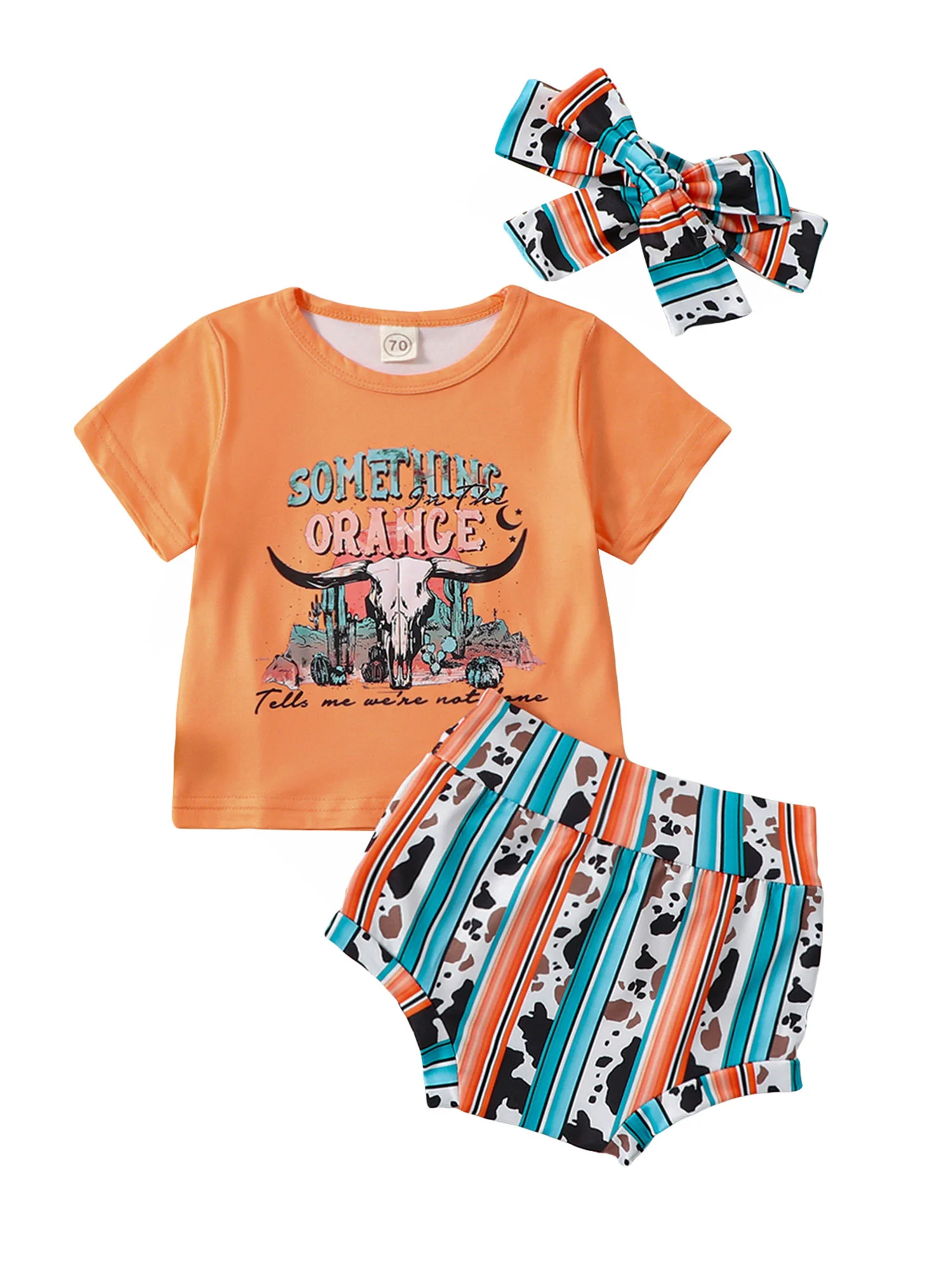 

Летняя одежда для девочек, короткая рубашка с западным рисунком, повязка на голову, футболка из коровьей ткани, одежда для малышей, шорты, комплект топов