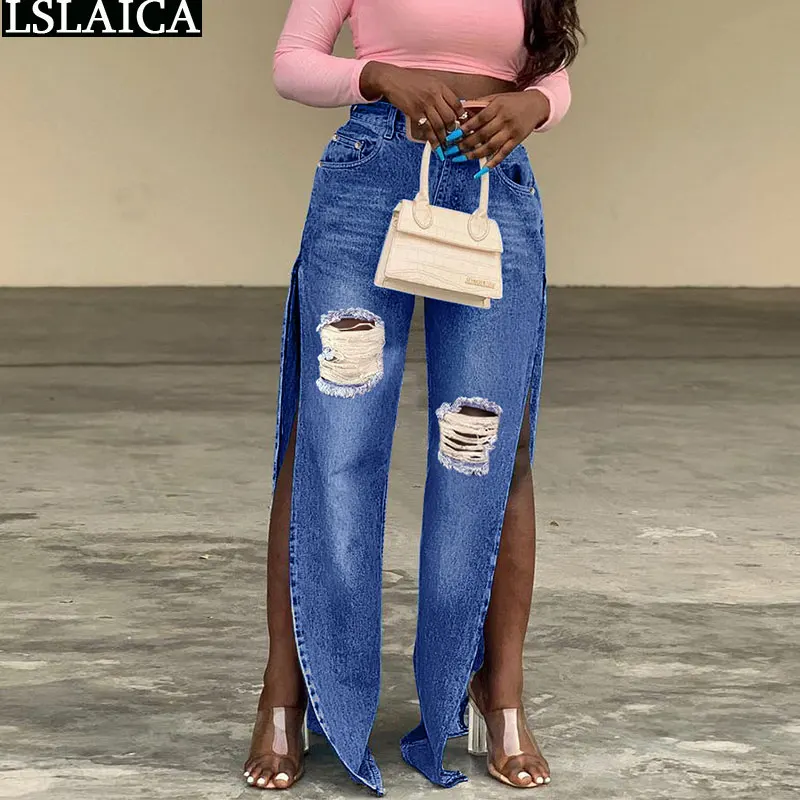 

2022 Fashion High Waisted Jeans Woman Hole Ladies Slit Baggy Jeans Casual Denim Long Trousers Pants Pantalones Vaqueros Mujer