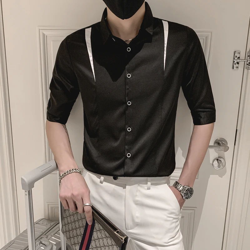 

2022 Spring Half Sleve Shirts Men Splicing Casual Business Formal Dress Shirts Slim Streetwear Social Party Tuxedo Blouse