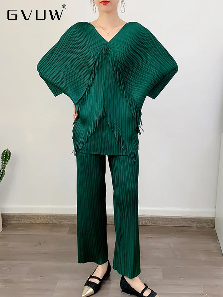 

GVUW Pleated 2 Pieces Sets Women V-neck Tassel Long Sleeve Top With Elastic Waist Wide Leg Pants Female Elegant Clothing 17G1544
