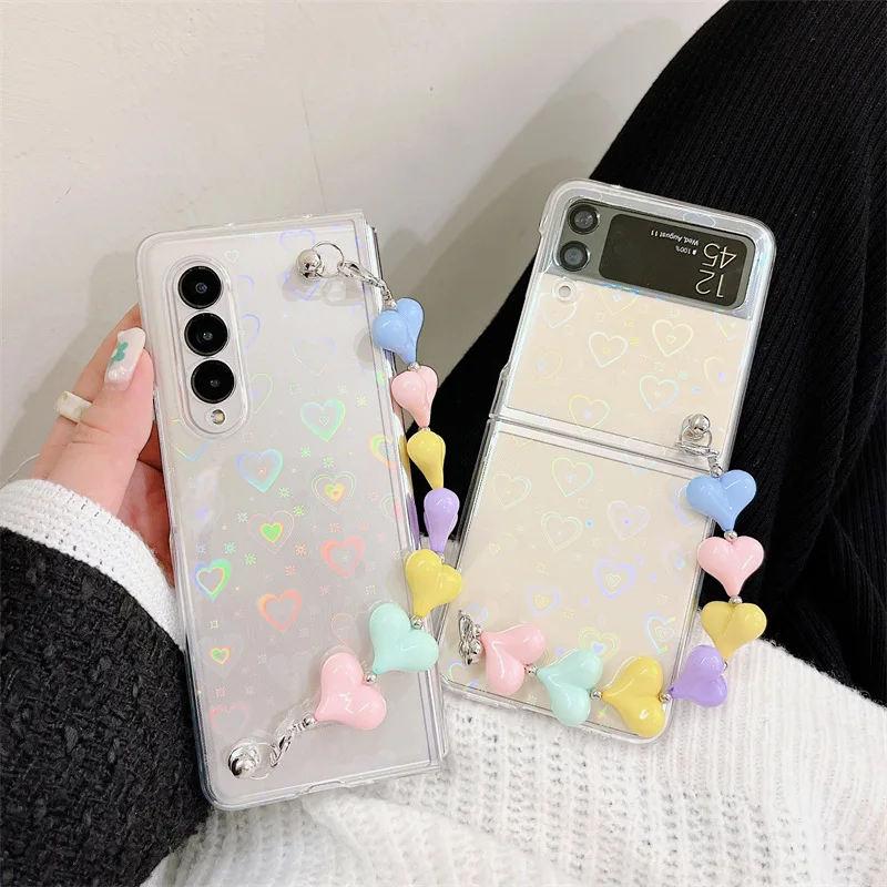 

Color Heart Chain Mobile Phone Case for Samsung Galaxy Z Flip 3 Z Fold 3 5G PC Back Cover for ZFlip3 ZFold3 Case Protective Case