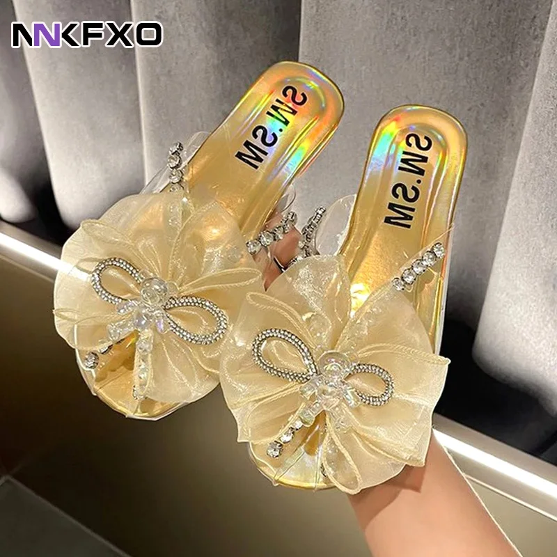 

Summer Cute Bowtie Decorate Non-Slip Sandals Slipper Flats Mules Casual Fashion Female Flip Flops Mesh Beach Slides 2022 Hot