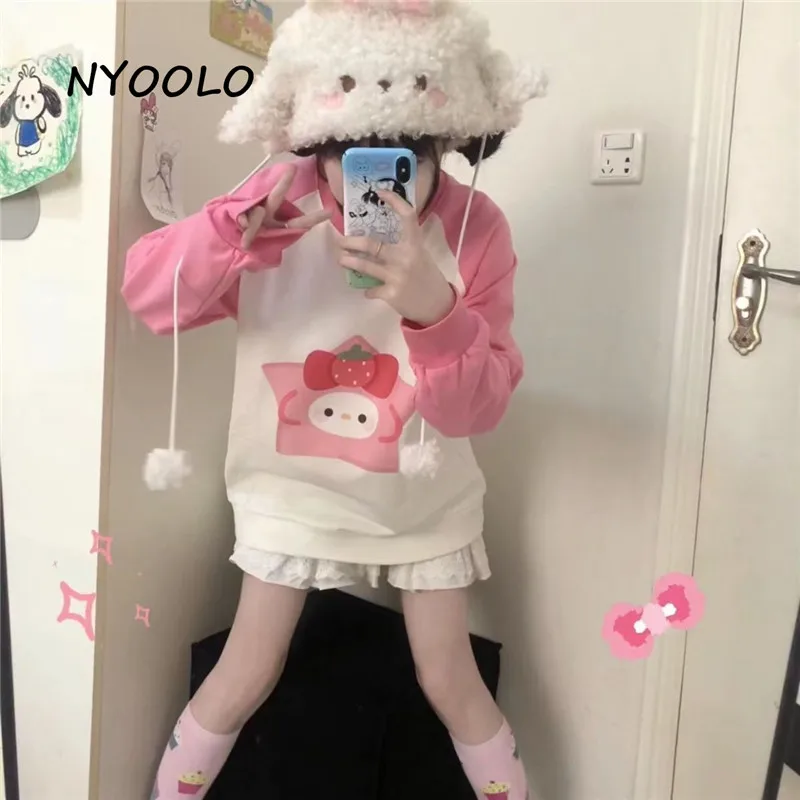 

NYOOLO Harajuku Streetwear Lalita Girl Tops Kawaii Cartoon Strawberry Print Patchwork Long Sleeve P;ullovers T-Shirt Autumn Tees