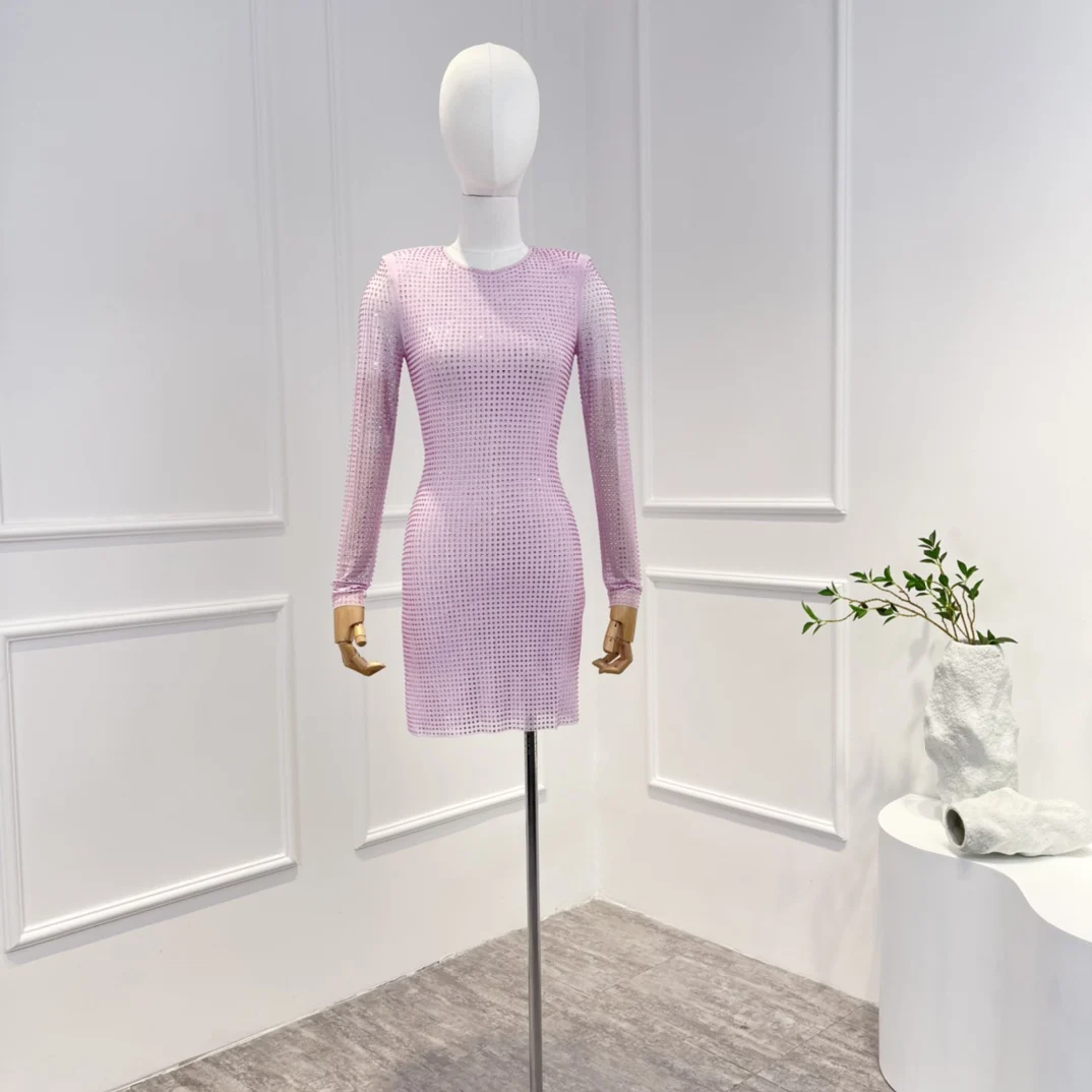 

2022 New Autumn Top Quality Elegant Violet Long Sleeve Shiny Diamonds Mini Evening Dresses for Fashion Lady