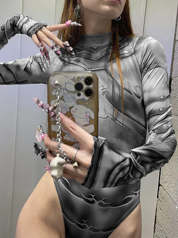 

Sunny Y.j. Goth Print Turtleneck Long Sleeve Bodycon Autumn Winter Bodysuits Women Vintage Grunge Rave Tech Rompers