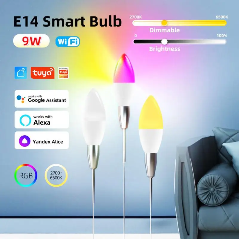 

Умная лампа-свеча CORUI Tuya с Wi-Fi, светодиодная лампа E14 с регулируемой яркостью, 5/7/9 Вт, RGB + CW + WW, работает со Smart Life, Alexa, Google Home