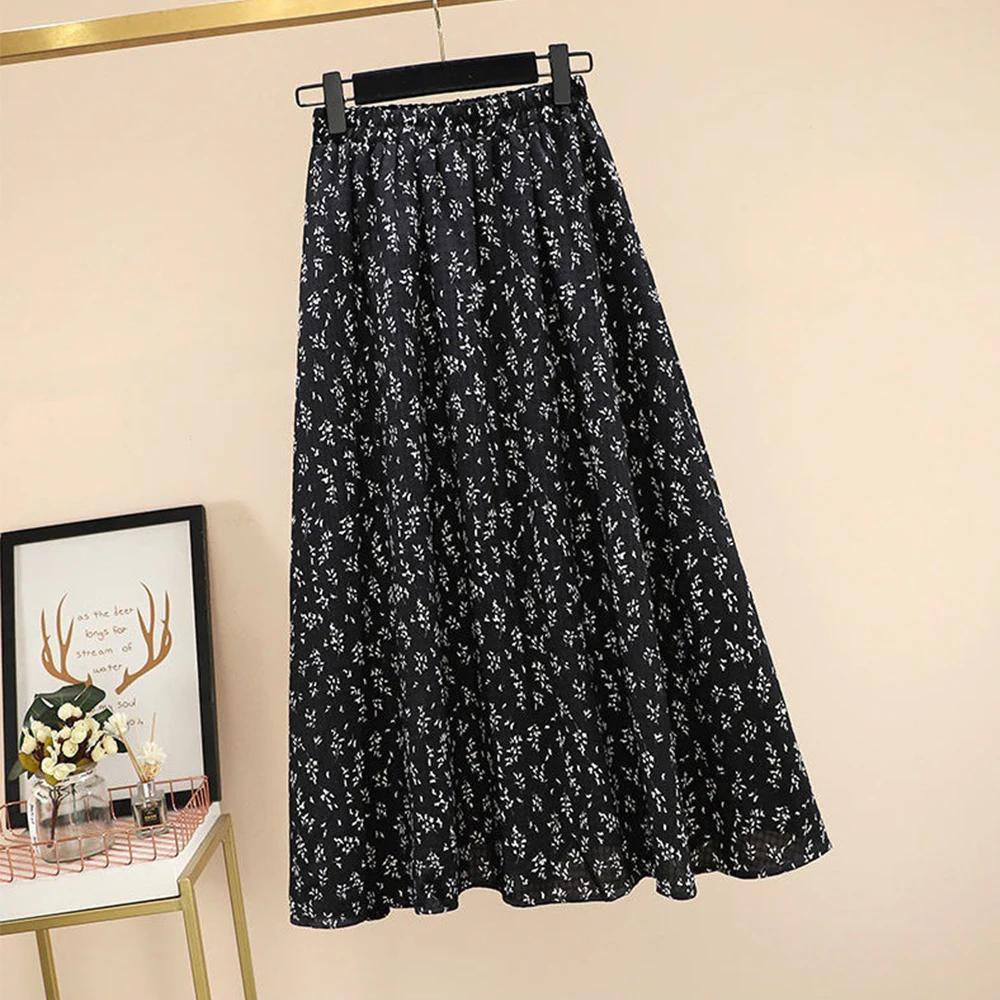 Summer Women Floral Print Long Skirt Japan Style High Elastic Waist Mid Calf Loose A-line Skirt Female Casual Elegant Skirt images - 6