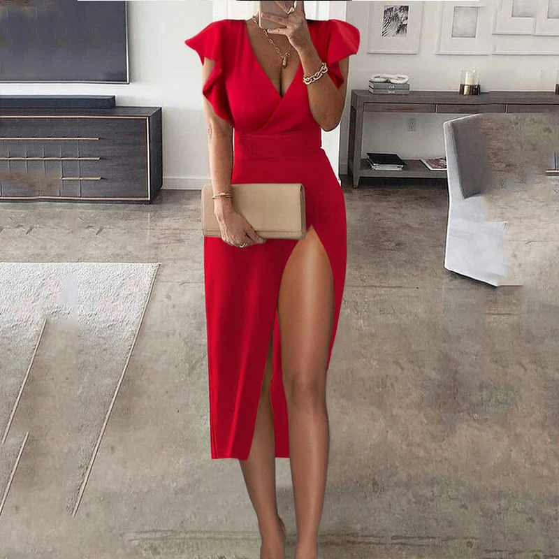 

Женское однотонное платье с V-образным вырезом и коротким рукавом, большого размера