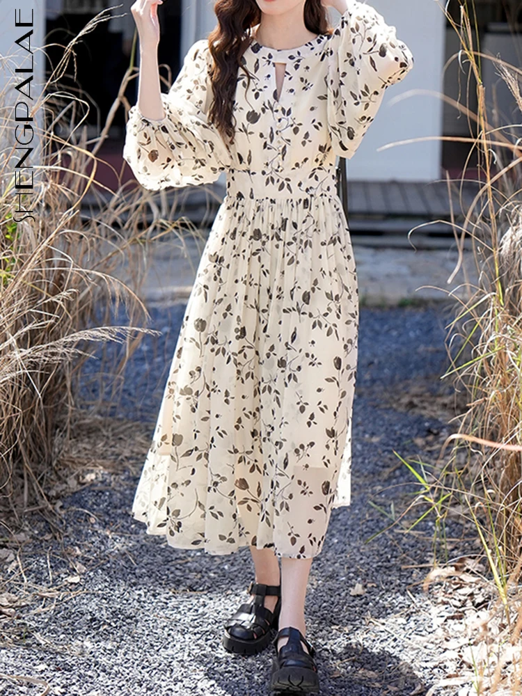 

SHENGPALAE Fashion Floral Dress For Women O-neck Full Sleeve Chiffon A-line Pleated Elegance Vestido Autumn 2023 New Tide 5R5324