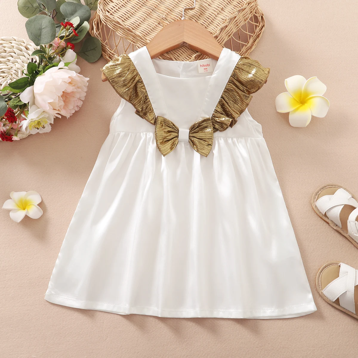 

hibobi Baby Girl White Patchwork Gold Ruffle Dress