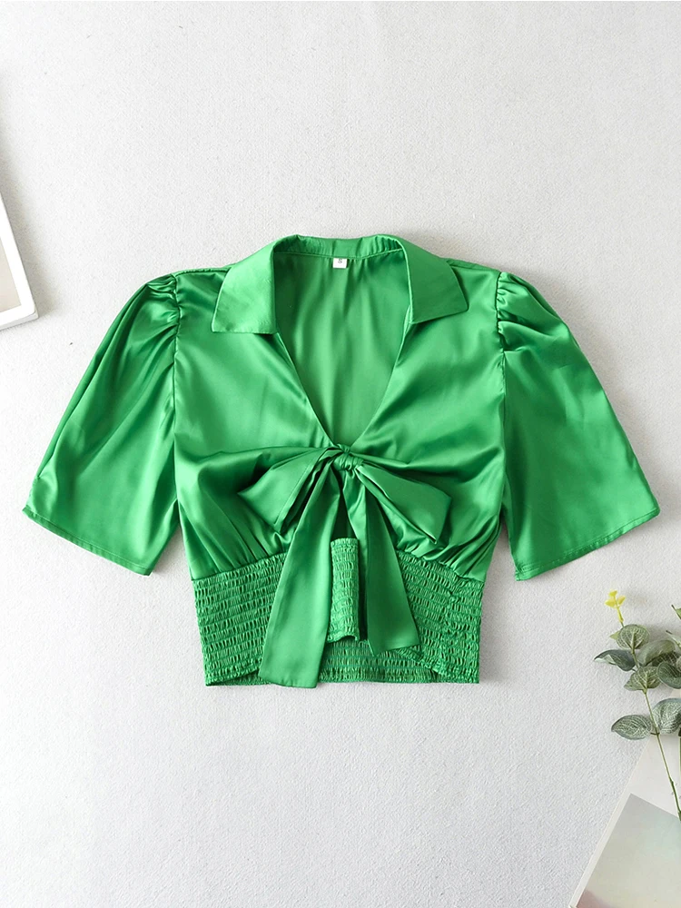 

Summer Bow V-neck Green Satin Blouses Women Puff Sleeve Elastic Waist Slim Crop Top 2022 Elegant Shirts