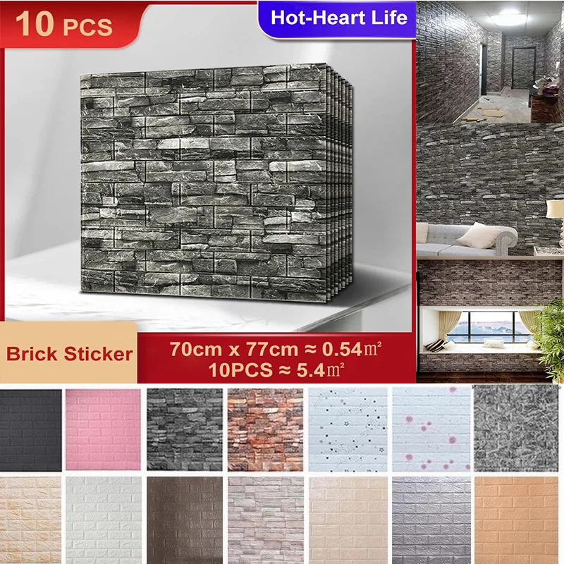 

10PCS Self Adhesive Panel Foam Waterproof Wallpaper 3D Brick Living Room Brick Wall Stickers Bedroom Brick Papers Home DIY Decor