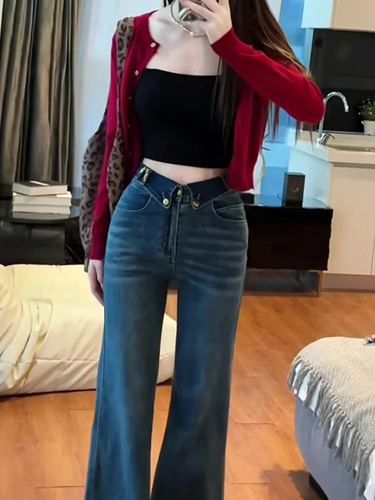 Plus Size High Waist Flanging Micro-Pull Jeans Women 2024 New Winter Small Fleece-lined Retro Wide Leg Flared Trousers