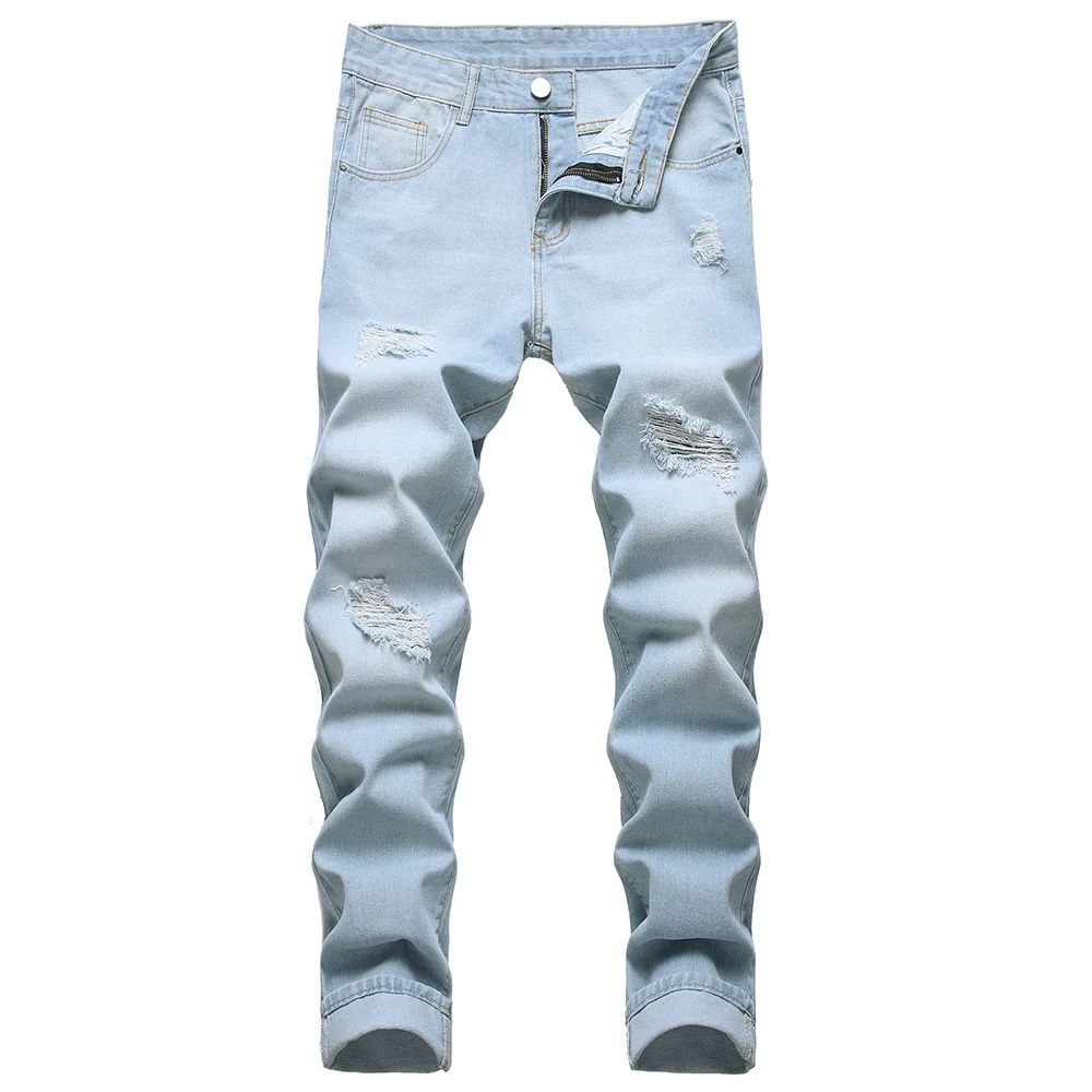 

Men Light Blue Ripped Jeans Casual Holes Distressed Denim Pants Slim Straight Trousers