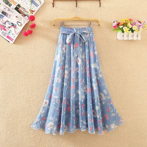 Women's Floral Skirt Chiffon Print Mid-length Skirt Women's Summer New High-waisted Thin Lace A-word Big Swing Fairy Skirt B01