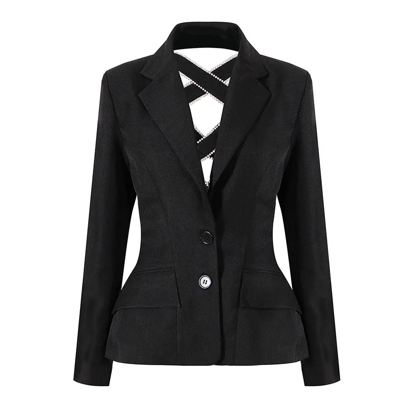 

SeeBeautiful Back Hollow Cross Bow Rhinestone Blazer Coat Notched Single Breasted Long Sleeve Women 2022 Spring New Fashion Q161