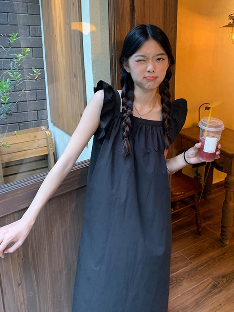 

Fashion Women Dress 2022 Korean Style Solid Color Sleeveless All-Match Dresses Summer Sweet Mid-Length Vestidos