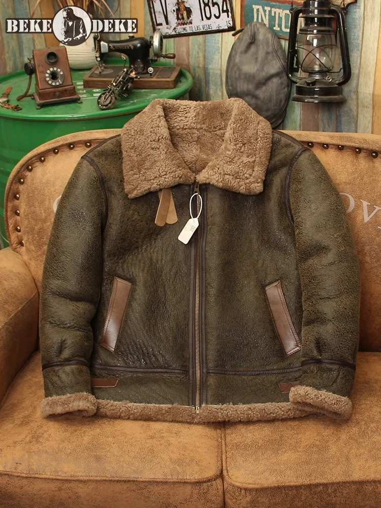 

Sheep Shearling Vintage Coat Mens Genuine Leather Pilot Jacket Winter Real Fur Overcoat Thick Warm Wool Lining Biker Jackets 6XL