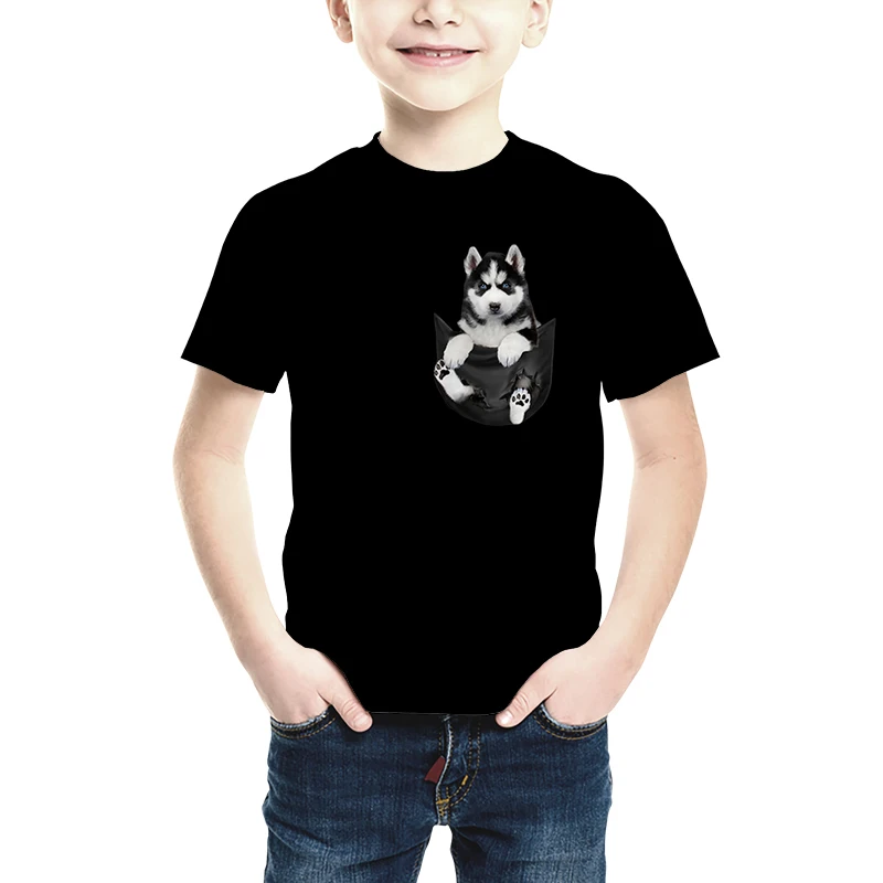 

Jumeast, футболка для мальчиков с карманом и собакой, детские топы, 3D, для девочек, короткий рукав, круглый вырез, черные футболки, детский летний спортивный пуловер