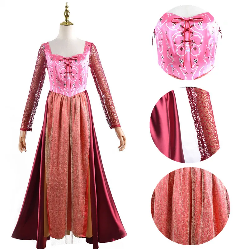 

Movie Hocus Pocus 2 Witch Winifred Sarah Cosplay Costume Women Adult Pink Dress Retro Uniform Halloween Carnival Suit Gift