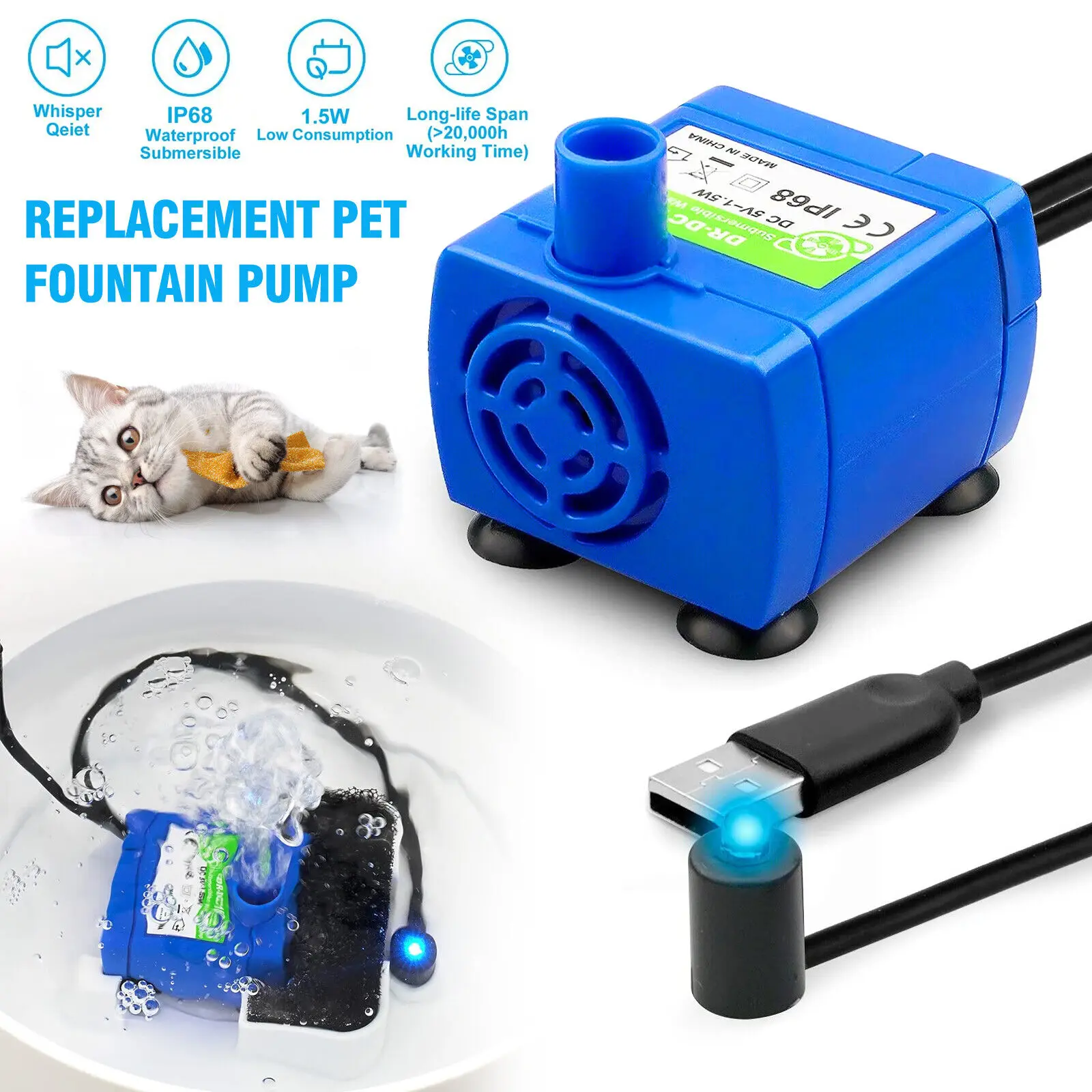 

Electric Pet Dog Cat Fountain Motor Water Dispenser Pump LED USB Rechargeable