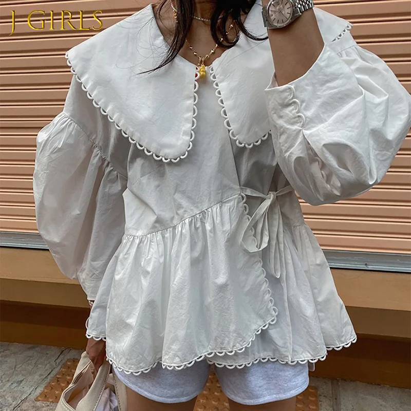 

Korean Fashion Belt Shirt For Women Peter Pan Collar Puff Sleeve Solid Minimalist Blouses Female Autumn Clothing 2021