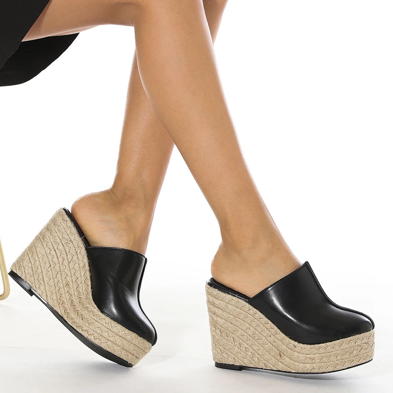 

11CM Wedges Sandals For Women Close Toe Rope Weave Summer Slippers Black PU Lether Platforms Shoes Casual Chunky Heels