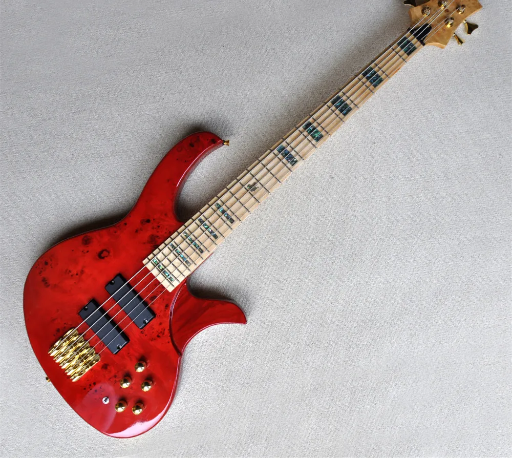 

Red Body 6 Strings Electric Bass Guitar with Gold Hardware,Maple Neck,Provide Customized Services